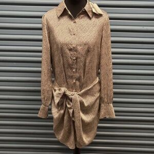 cinq a sept Tan Textured Shirt Dress with Self Tie